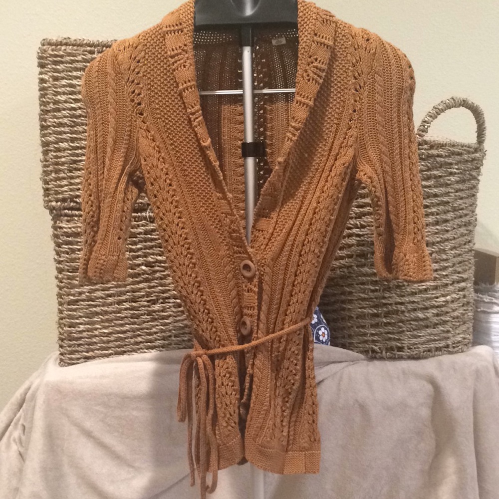Moth Open-Knit Belted Cardigan in Warm Tan
